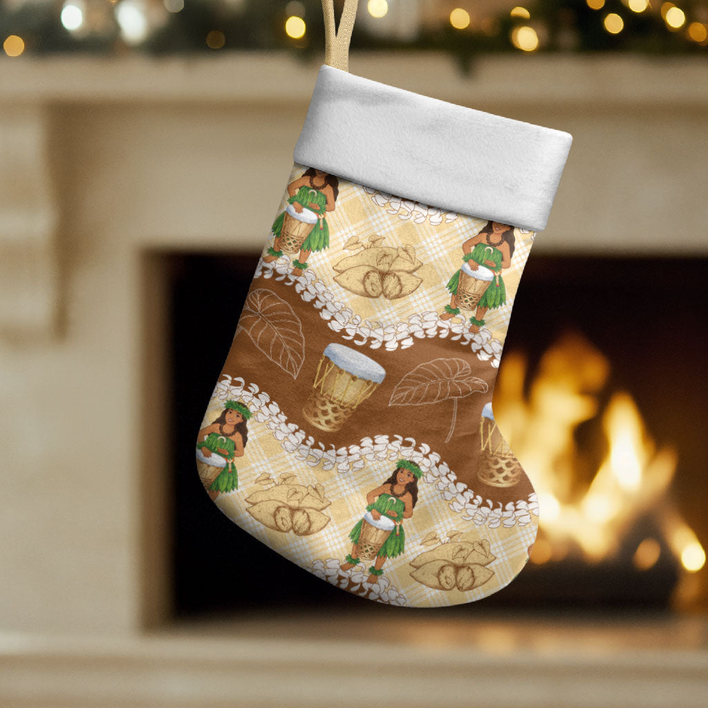 Hula Pahu Hawaii Makahiki Christmas Stocking Hawaiian Puakenikeni Lei Kalo Uala Palaka Motifs LT14 Set of 2 Brown - Polynesian Pride