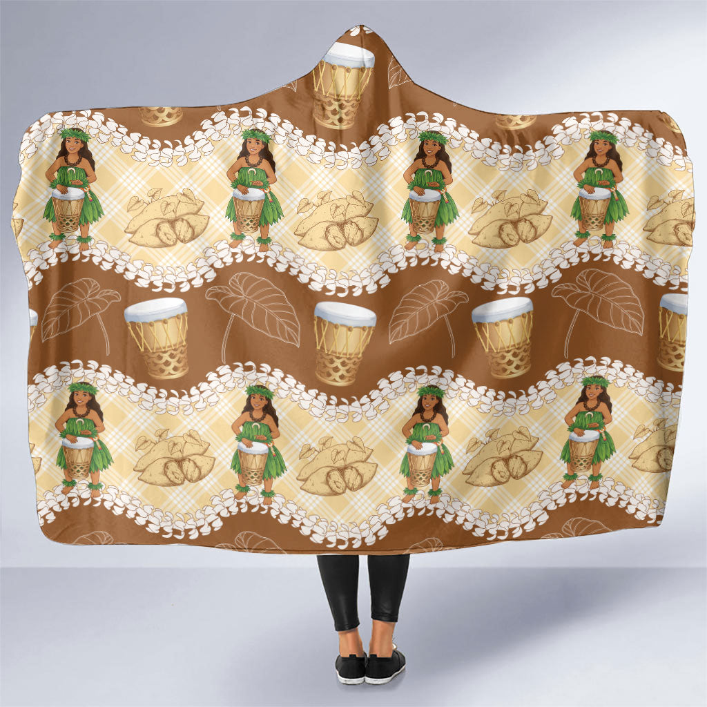 Hula Pahu Hawaii Makahiki Hooded Blanket Hawaiian Puakenikeni Lei Kalo Uala Palaka Motifs LT14 One Size Brown - Polynesian Pride