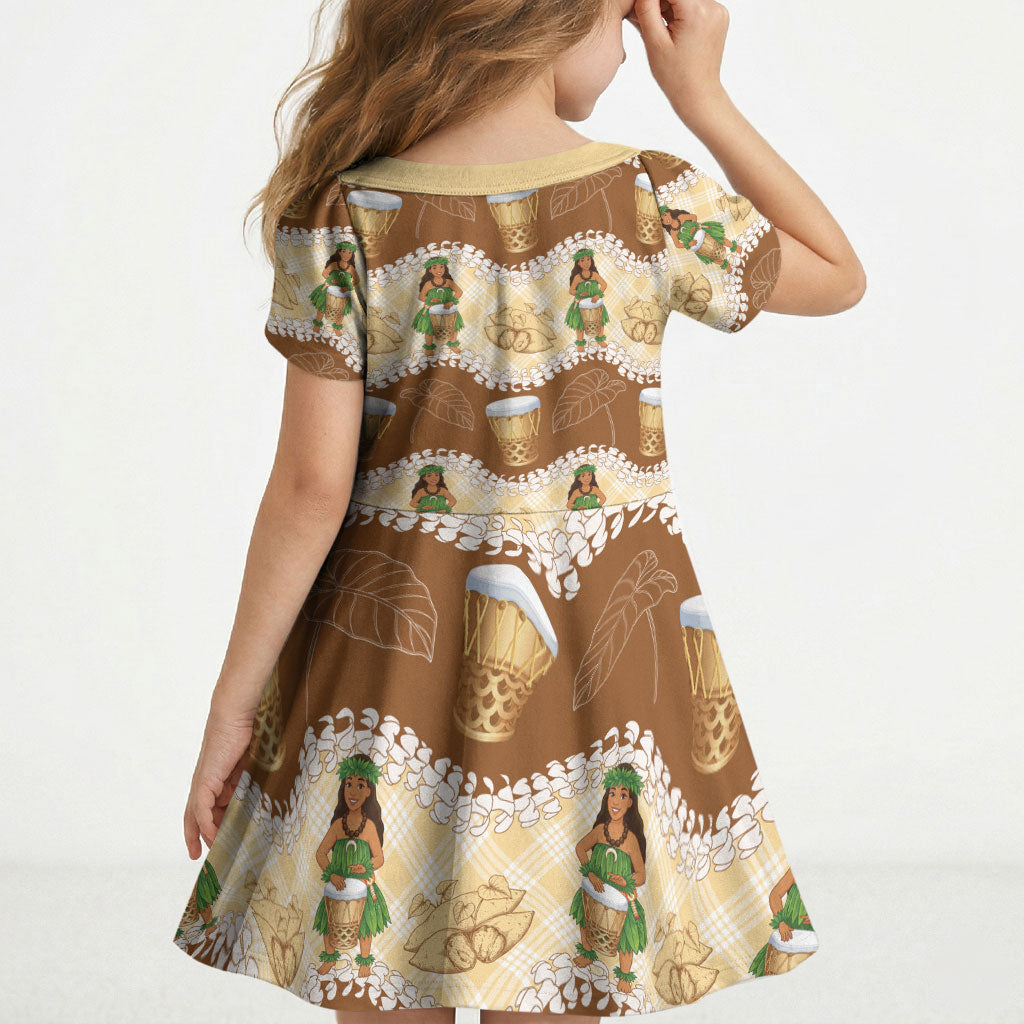 Hula Pahu Hawaii Makahiki Kid Short Sleeve Dress Hawaiian Puakenikeni Lei Kalo Uala Palaka Motifs LT14 - Polynesian Pride