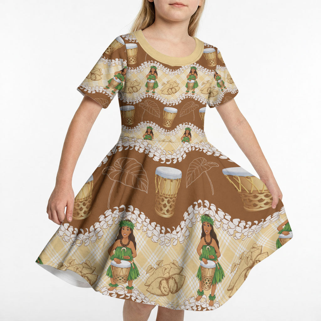 Hula Pahu Hawaii Makahiki Kid Short Sleeve Dress Hawaiian Puakenikeni Lei Kalo Uala Palaka Motifs LT14 - Polynesian Pride