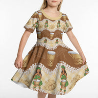 Hula Pahu Hawaii Makahiki Kid Short Sleeve Dress Hawaiian Puakenikeni Lei Kalo Uala Palaka Motifs LT14 - Polynesian Pride
