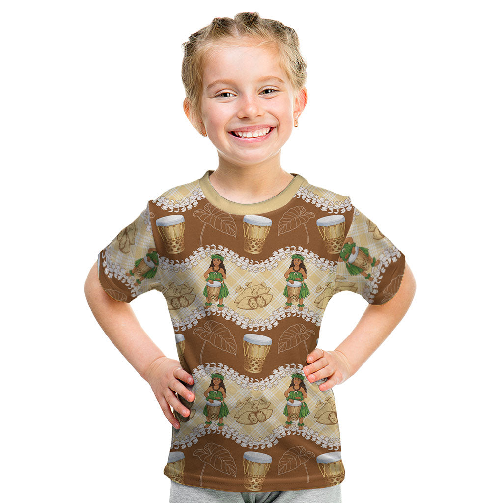 Hula Pahu Hawaii Makahiki Kid T Shirt Hawaiian Puakenikeni Lei Kalo Uala Palaka Motifs LT14 Brown - Polynesian Pride