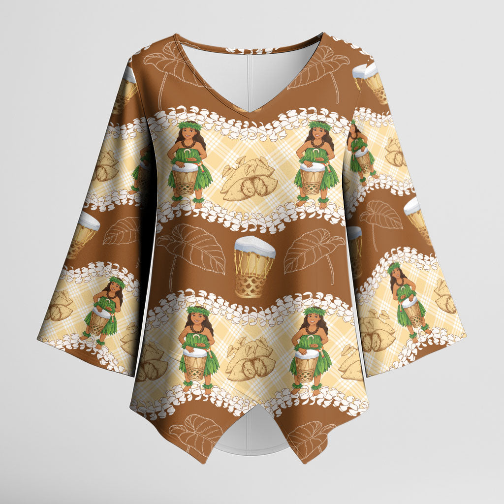 Hula Pahu Hawaii Makahiki Kimono Sleeve Blouse Hawaiian Puakenikeni Lei Kalo Uala Palaka Motifs LT14 Female Brown - Polynesian Pride