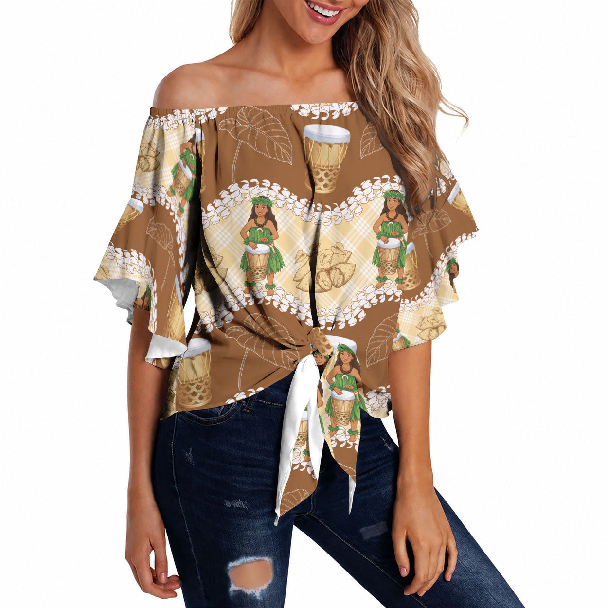 Hula Pahu Hawaii Makahiki Off Shoulder Wrap Waist Top Hawaiian Puakenikeni Lei Kalo Uala Palaka Motifs LT14 Brown - Polynesian Pride