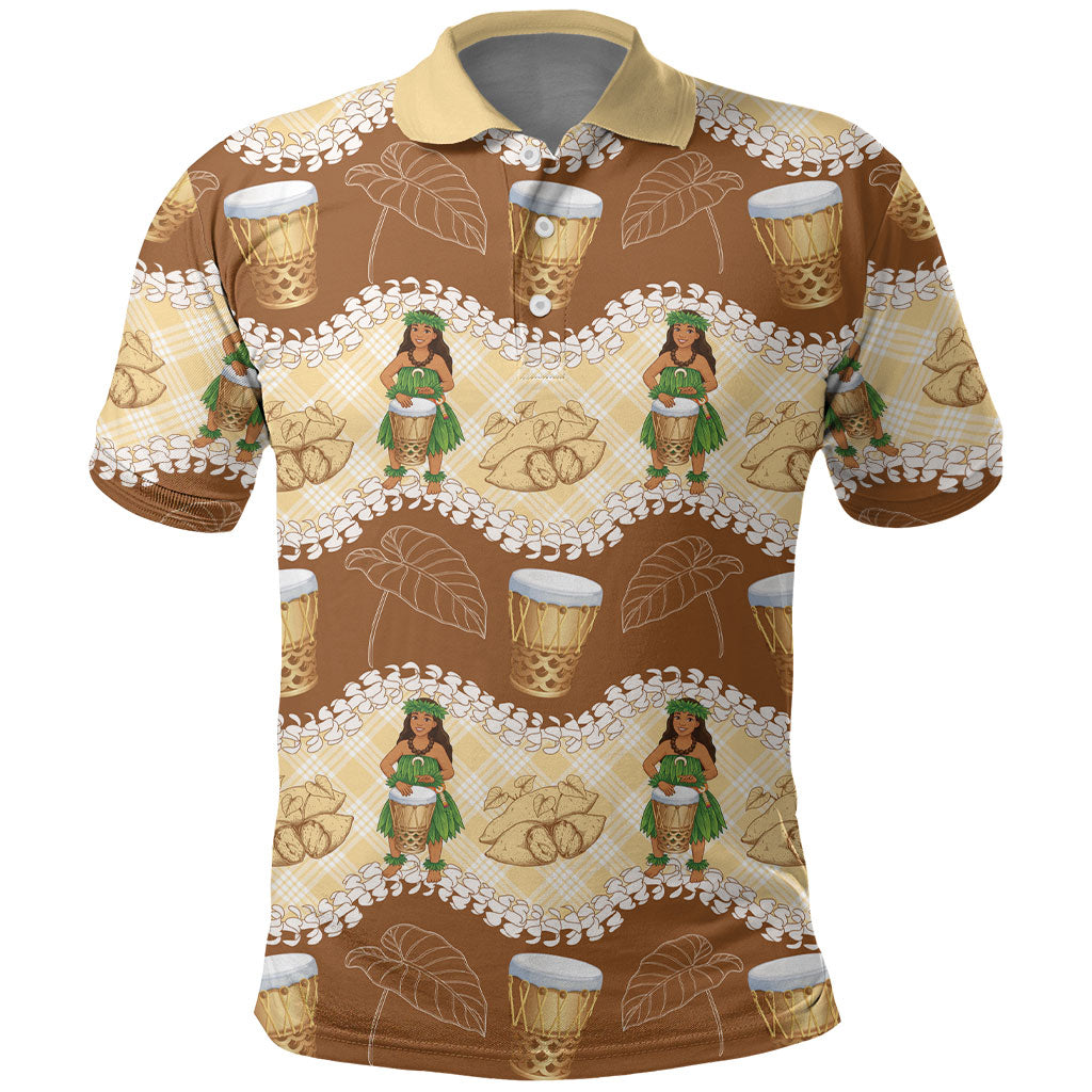 Hula Pahu Hawaii Makahiki Polo Shirt Hawaiian Puakenikeni Lei Kalo Uala Palaka Motifs LT14 Brown - Polynesian Pride