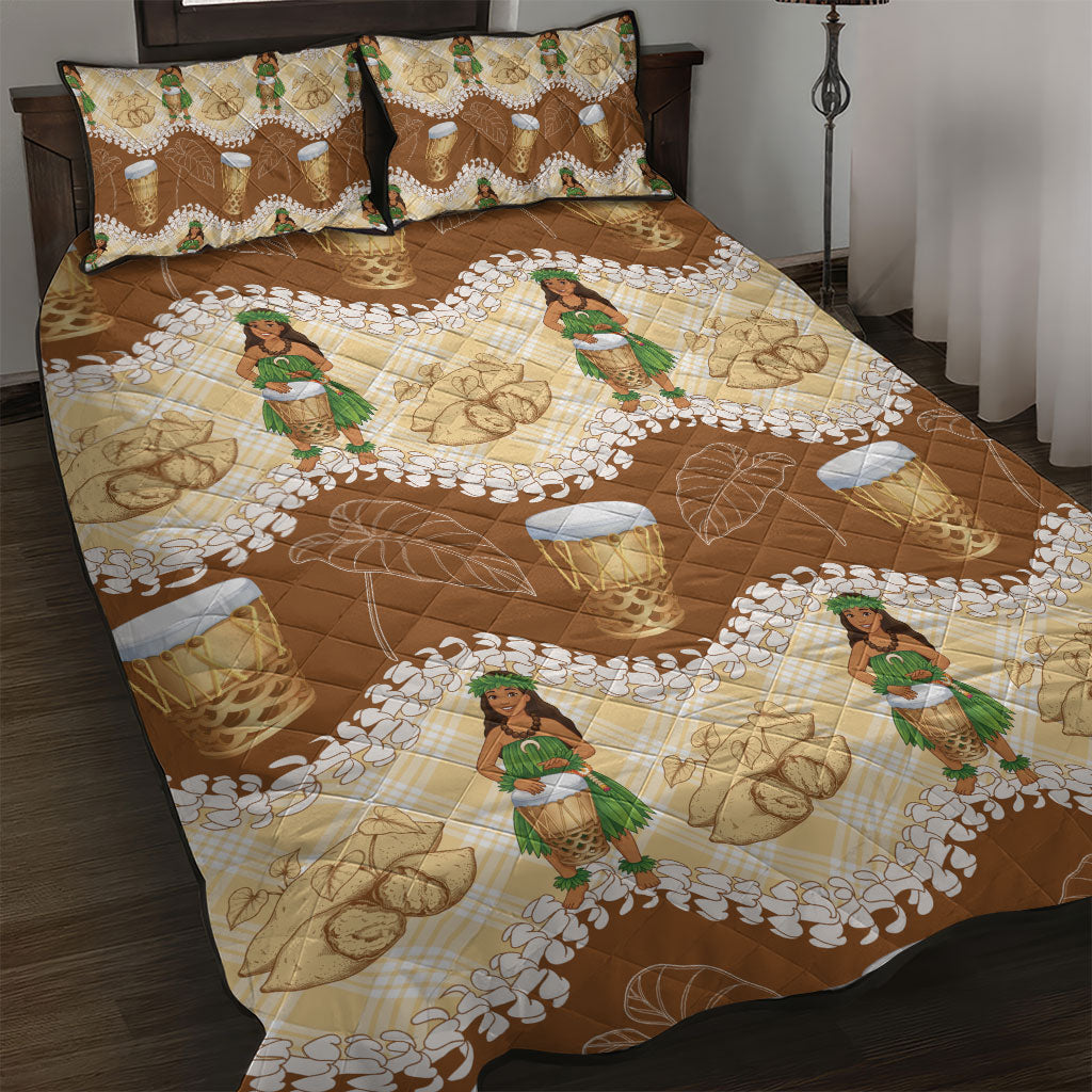 Hula Pahu Hawaii Makahiki Quilt Bed Set Hawaiian Puakenikeni Lei Kalo Uala Palaka Motifs LT14 Brown - Polynesian Pride