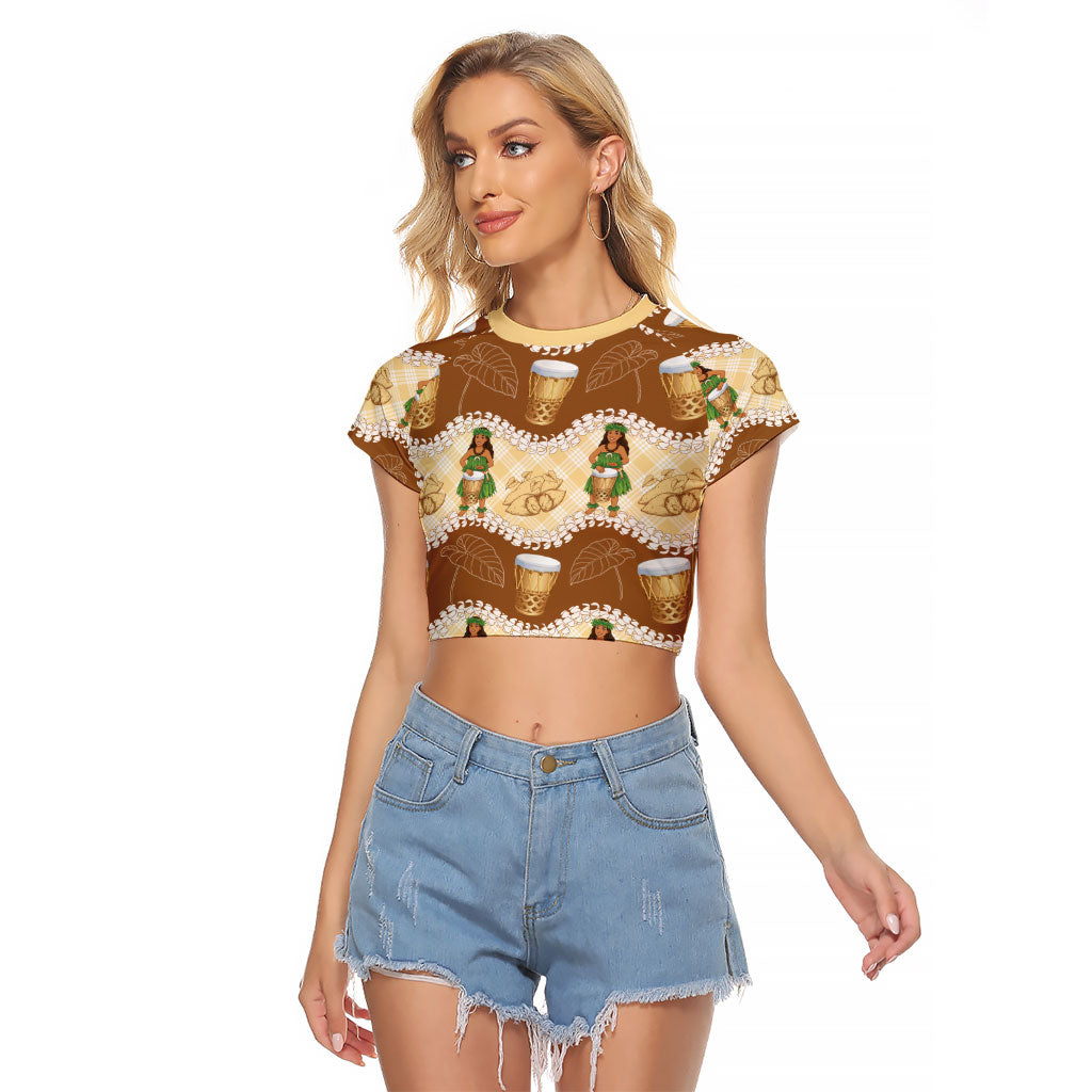 Hula Pahu Hawaii Makahiki Raglan Cropped T Shirt Hawaiian Puakenikeni Lei Kalo Uala Palaka Motifs LT14 Female Brown - Polynesian Pride
