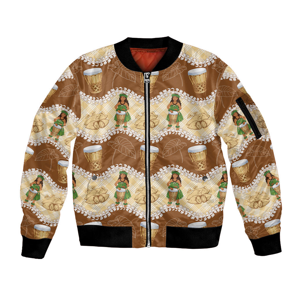 Hula Pahu Hawaii Makahiki Sleeve Zip Bomber Jacket Hawaiian Puakenikeni Lei Kalo Uala Palaka Motifs