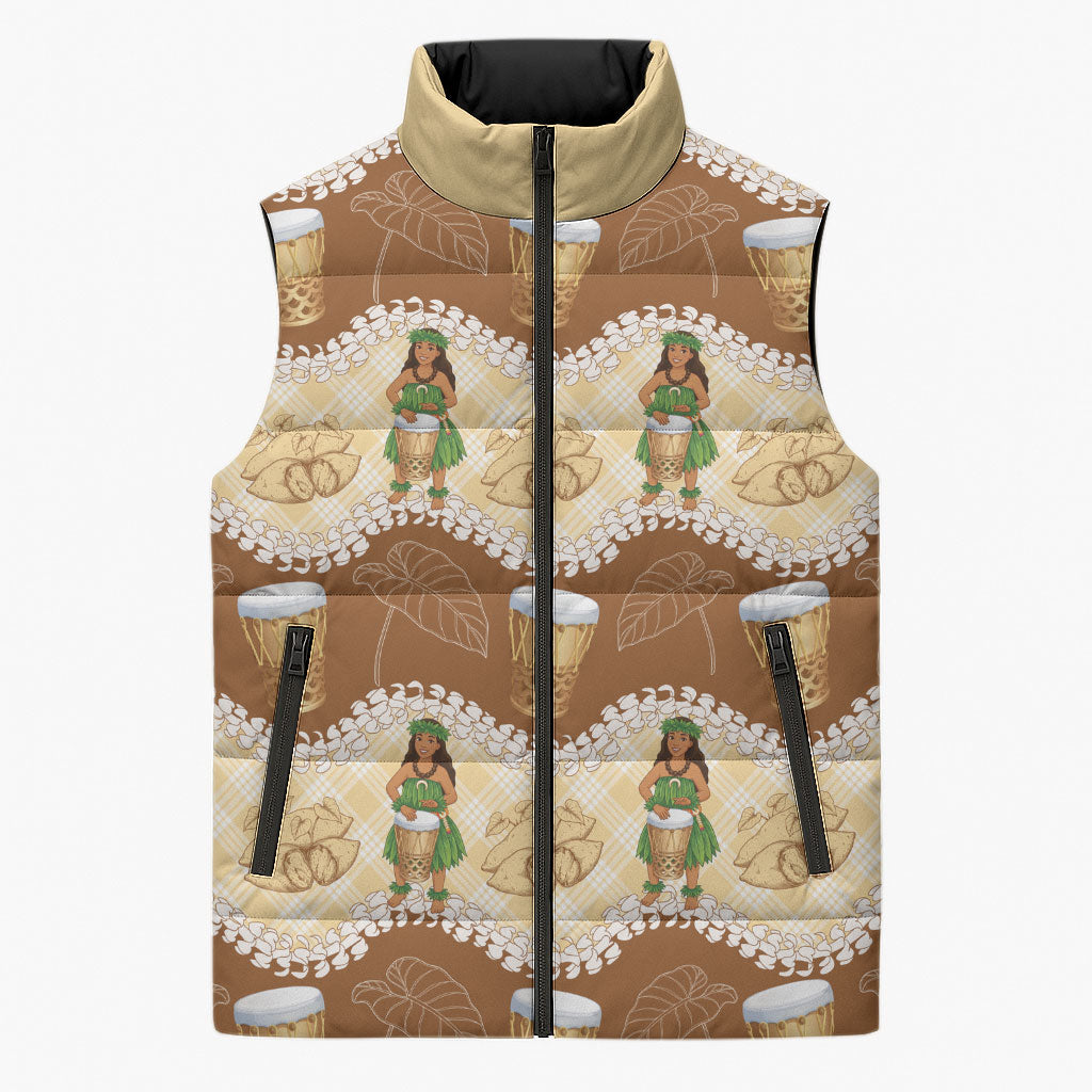 Hula Pahu Hawaii Makahiki Sleeveless Puffer Jacket Hawaiian Puakenikeni Lei Kalo Uala Palaka Motifs