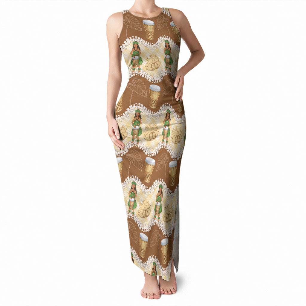 Hula Pahu Hawaii Makahiki Tank Maxi Dress Hawaiian Puakenikeni Lei Kalo Uala Palaka Motifs LT14 Women Brown - Polynesian Pride