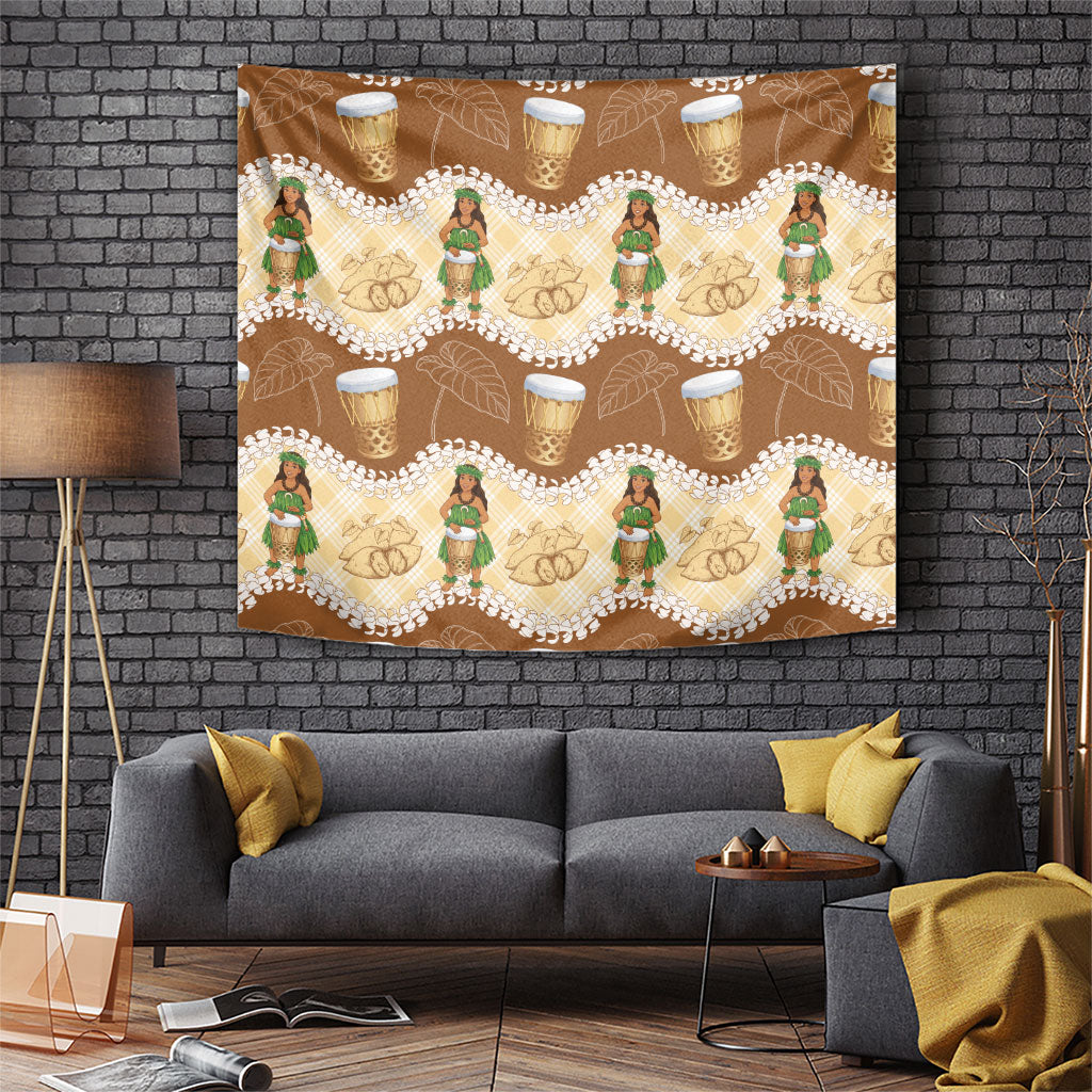 Hula Pahu Hawaii Makahiki Tapestry Hawaiian Puakenikeni Lei Kalo Uala Palaka Motifs LT14 Brown - Polynesian Pride