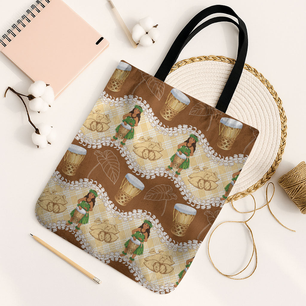 Hula Pahu Hawaii Makahiki Tote Bag Hawaiian Puakenikeni Lei Kalo Uala Palaka Motifs LT14 Black Strap One Size Brown - Polynesian Pride