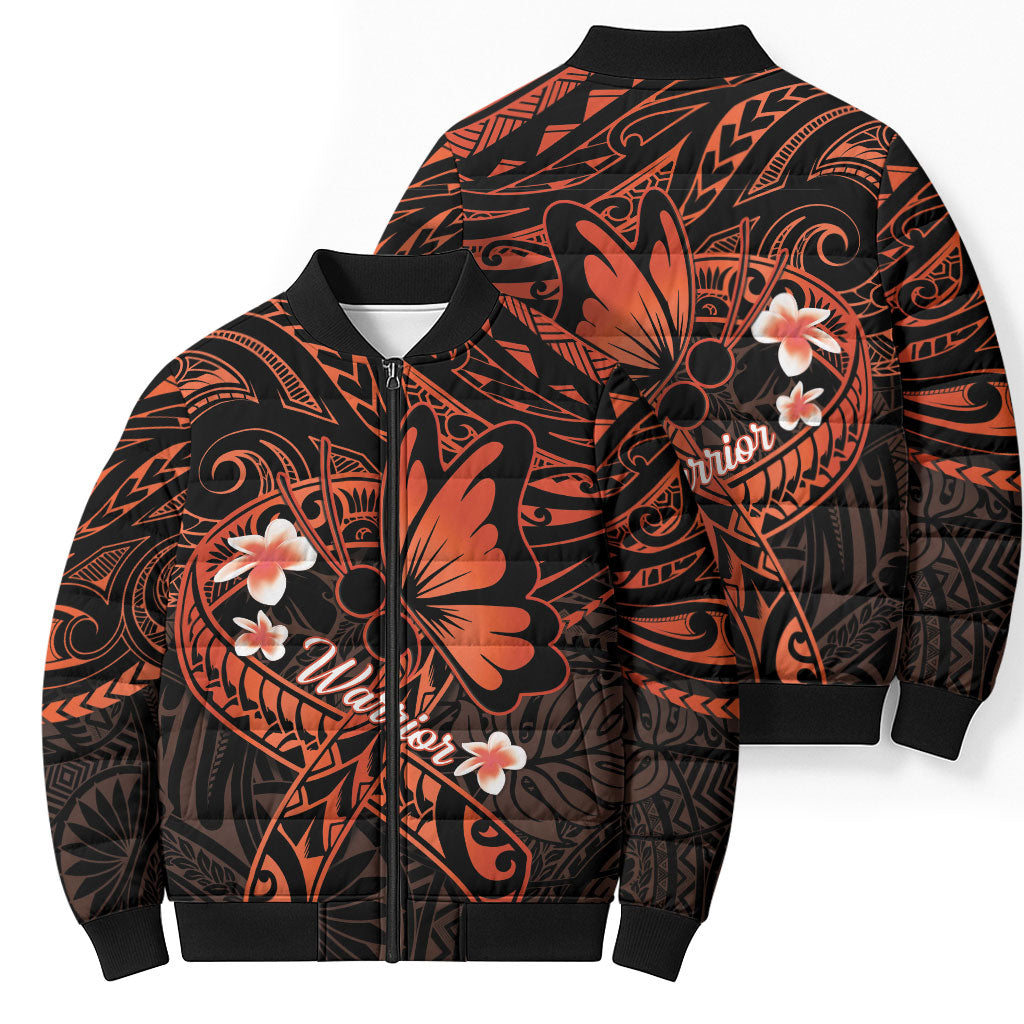 Polynesia Leukemia Awareness Month Bomber Puffer Jacket Warrior Butterfly Polynesian Orange Ribbon LT14 - Polynesian Pride