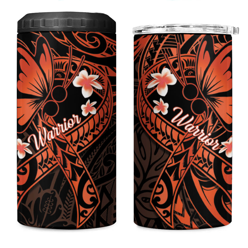 Polynesia Leukemia Awareness Month 4 in 1 Can Cooler Tumbler Warrior Butterfly Polynesian Orange Ribbon
