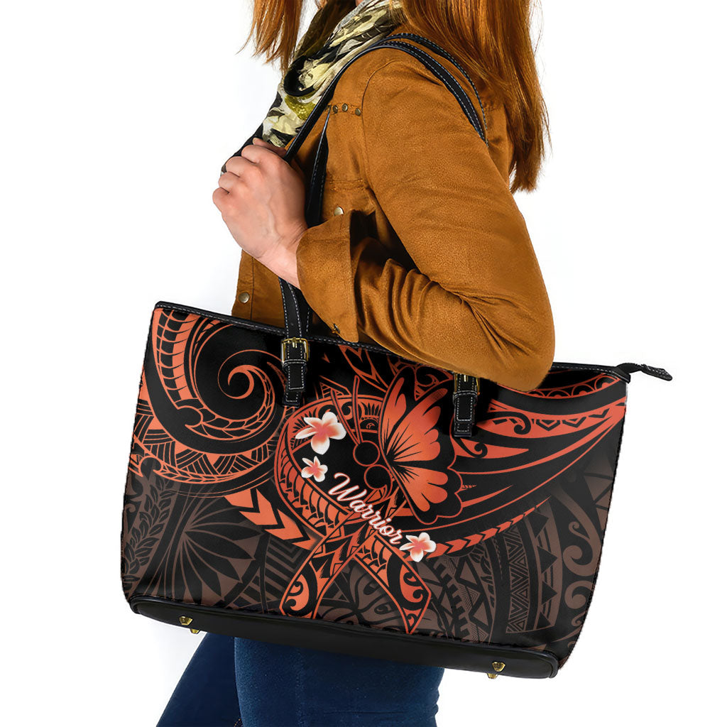 Polynesia Leukemia Awareness Month Leather Tote Bag Warrior Butterfly Polynesian Orange Ribbon LT14 Orange - Polynesian Pride