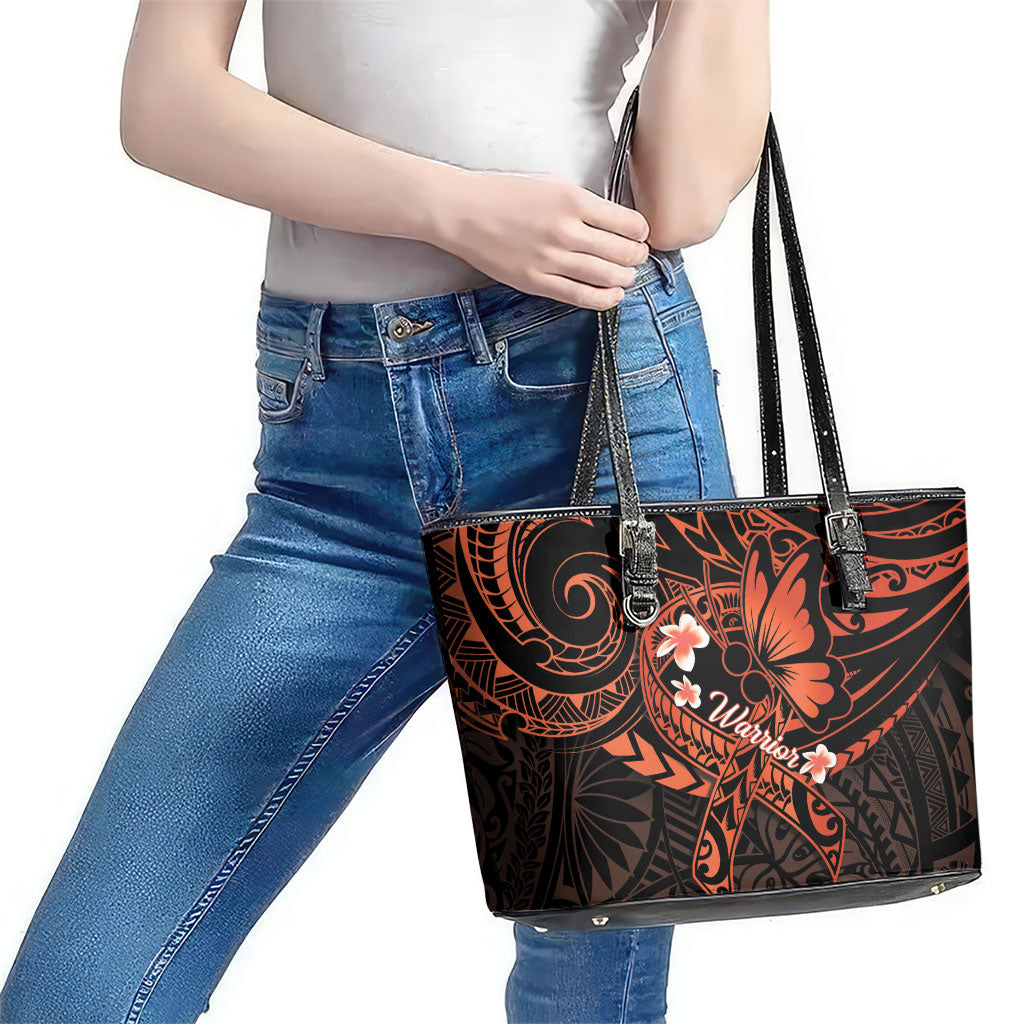 Polynesia Leukemia Awareness Month Leather Tote Bag Warrior Butterfly Polynesian Orange Ribbon LT14 - Polynesian Pride
