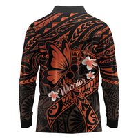 Polynesia Leukemia Awareness Month Long Sleeve Polo Shirt Warrior Butterfly Polynesian Orange Ribbon