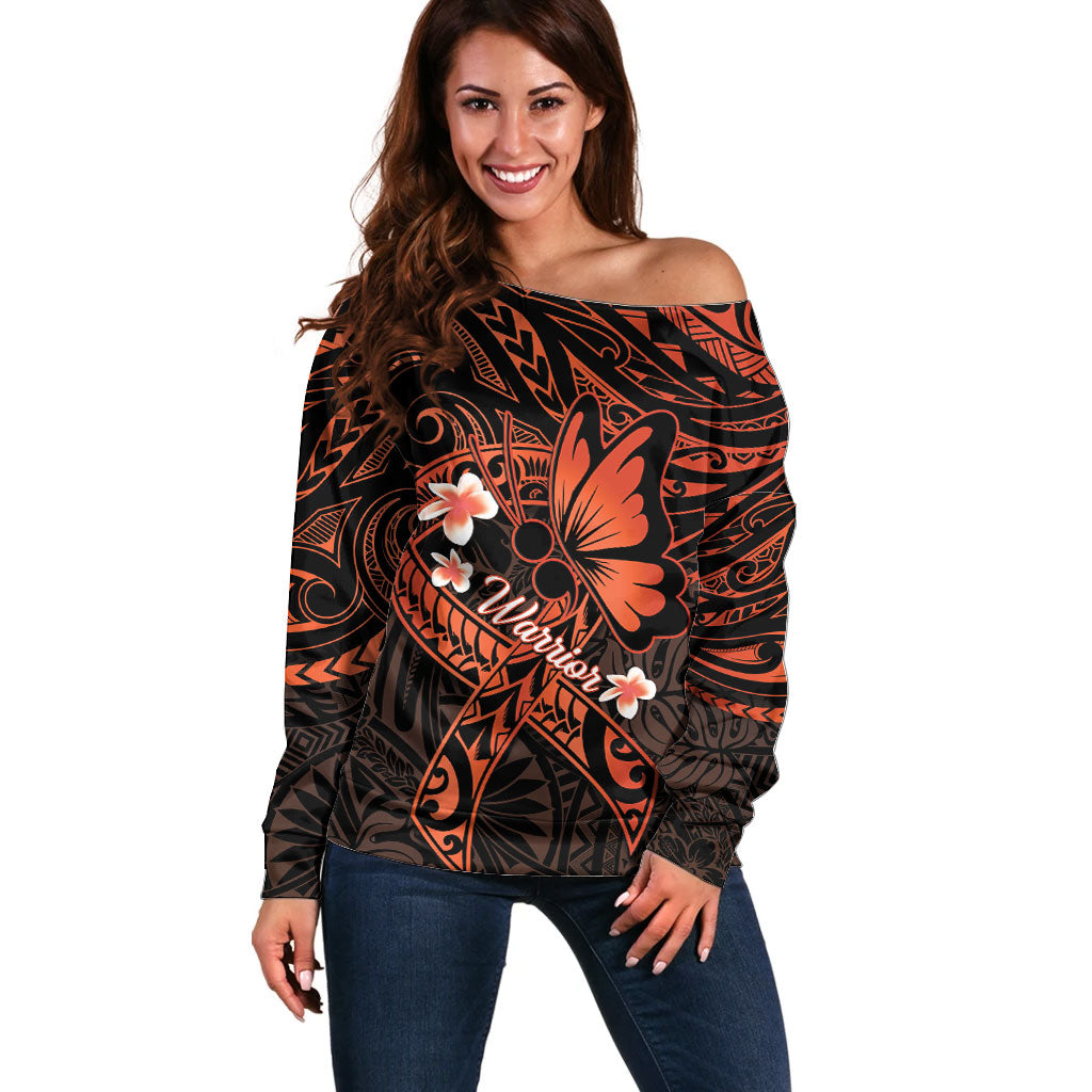 Polynesia Leukemia Awareness Month Off Shoulder Sweater Warrior Butterfly Polynesian Orange Ribbon