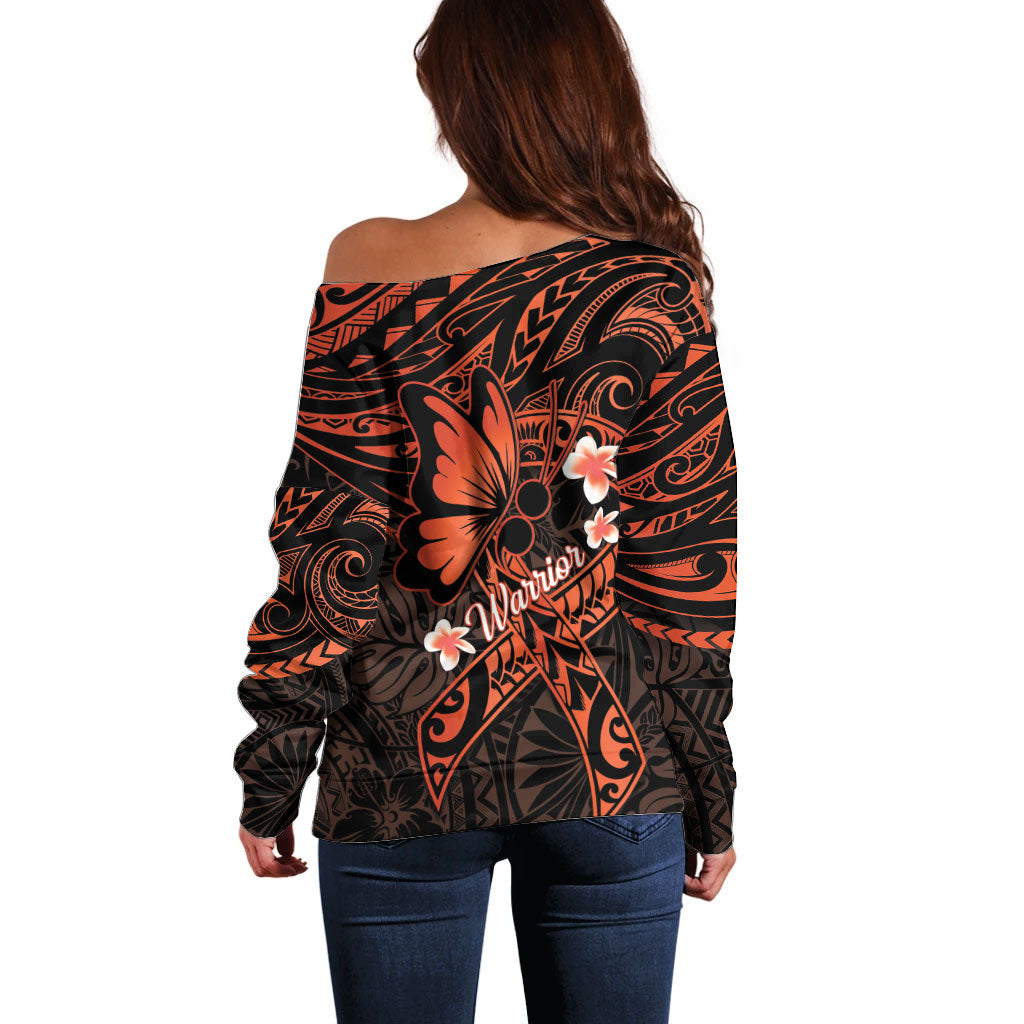 Polynesia Leukemia Awareness Month Off Shoulder Sweater Warrior Butterfly Polynesian Orange Ribbon