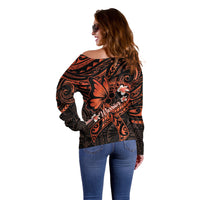 Polynesia Leukemia Awareness Month Off Shoulder Sweater Warrior Butterfly Polynesian Orange Ribbon