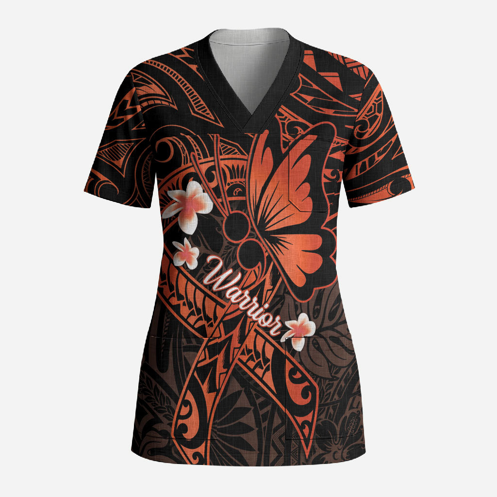 Polynesia Leukemia Awareness Month Scrub Top Warrior Butterfly Polynesian Orange Ribbon LT14 Adult Orange - Polynesian Pride