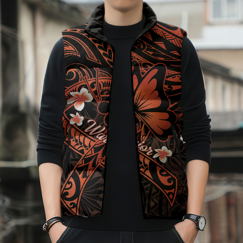 Polynesia Leukemia Awareness Month Sleeveless Puffer Jacket Warrior Butterfly Polynesian Orange Ribbon LT14 - Polynesian Pride