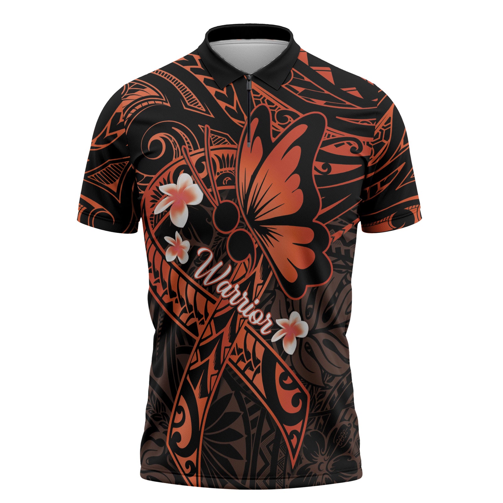 Polynesia Leukemia Awareness Month Zipper Polo Shirt Warrior Butterfly Polynesian Orange Ribbon