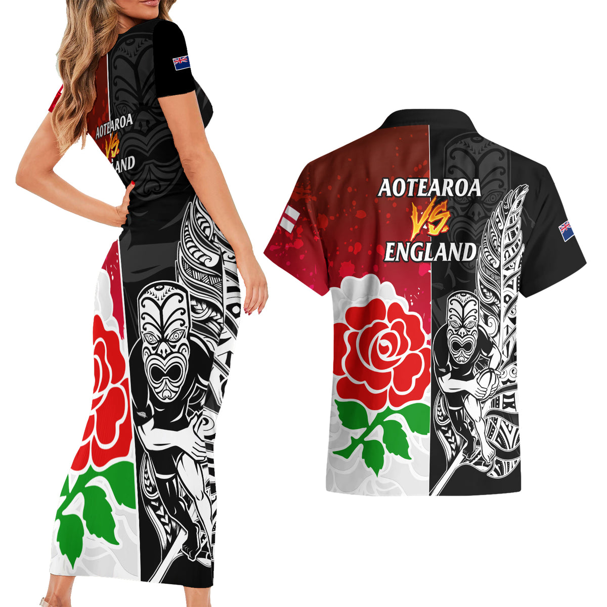 New Zealand And England Rugby Couples Matching Short Sleeve Bodycon Dress and Hawaiian Shirt 2023 World Cup All Black Combine Red Roses LT14 - Polynesian Pride