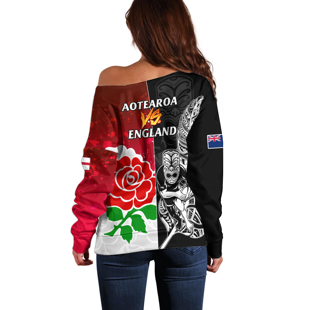 New Zealand And England Rugby Off Shoulder Sweater 2023 World Cup All Black Combine Red Roses LT14 - Polynesian Pride