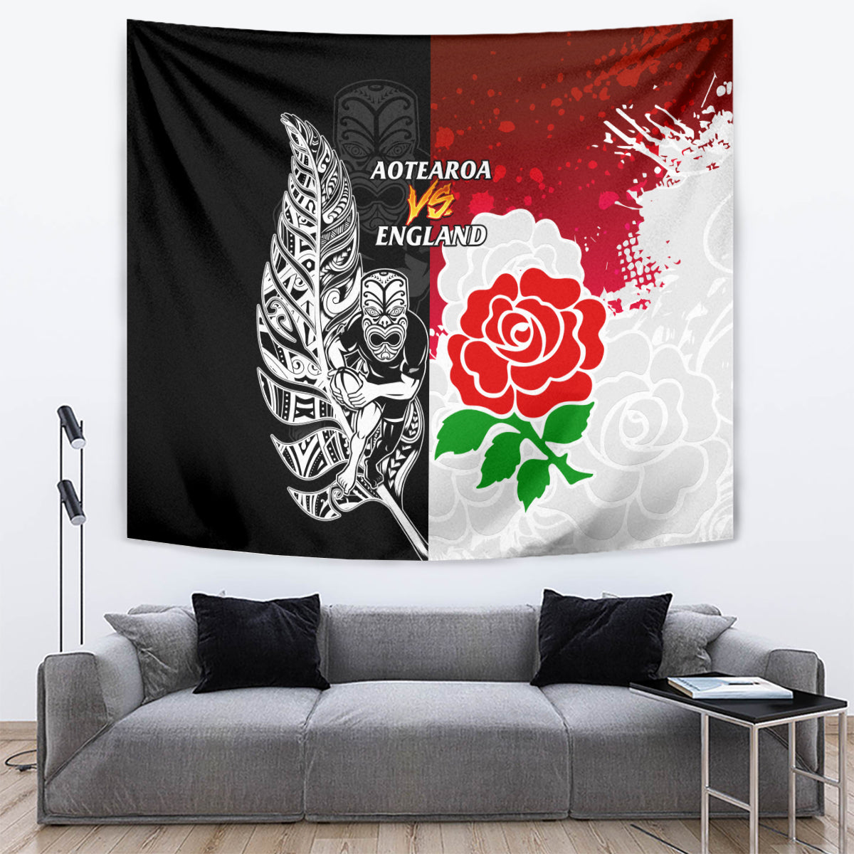 New Zealand And England Rugby Tapestry 2023 World Cup All Black Combine Red Roses LT14 - Polynesian Pride