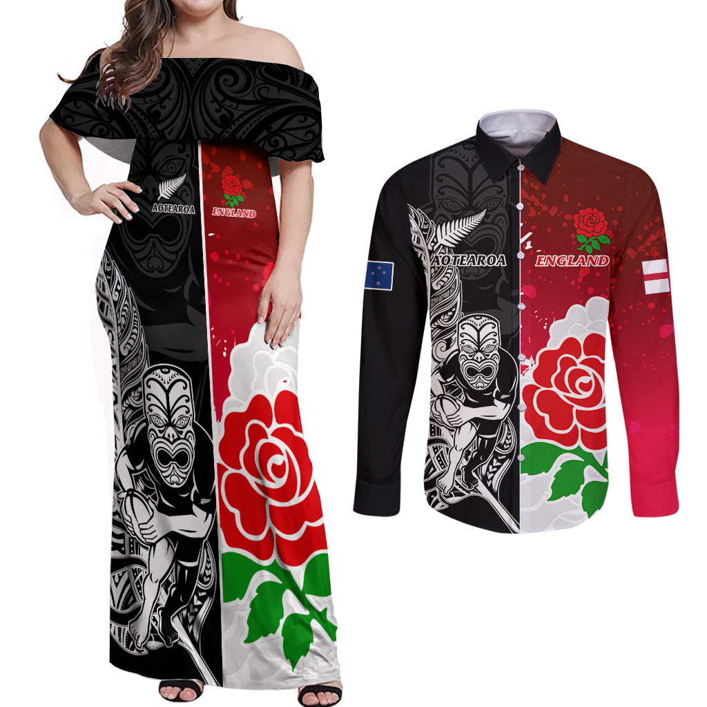 Custom New Zealand And England Rugby Couples Matching Off Shoulder Maxi Dress and Long Sleeve Button Shirt 2023 World Cup All Black Combine Red Roses LT14 Black - Polynesian Pride