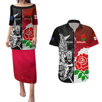 Custom New Zealand And England Rugby Couples Matching Puletasi Dress and Hawaiian Shirt 2023 World Cup All Black Combine Red Roses LT14 Black - Polynesian Pride