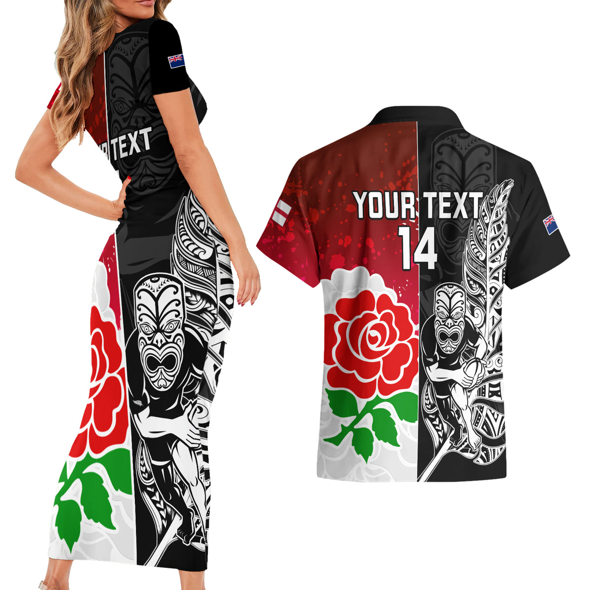Custom New Zealand And England Rugby Couples Matching Short Sleeve Bodycon Dress and Hawaiian Shirt 2023 World Cup All Black Combine Red Roses LT14 - Polynesian Pride