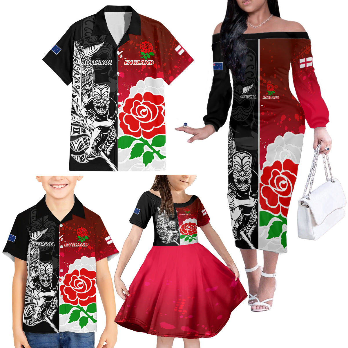 Custom New Zealand And England Rugby Family Matching Off Shoulder Long Sleeve Dress and Hawaiian Shirt 2023 World Cup All Black Combine Red Roses LT14 - Polynesian Pride