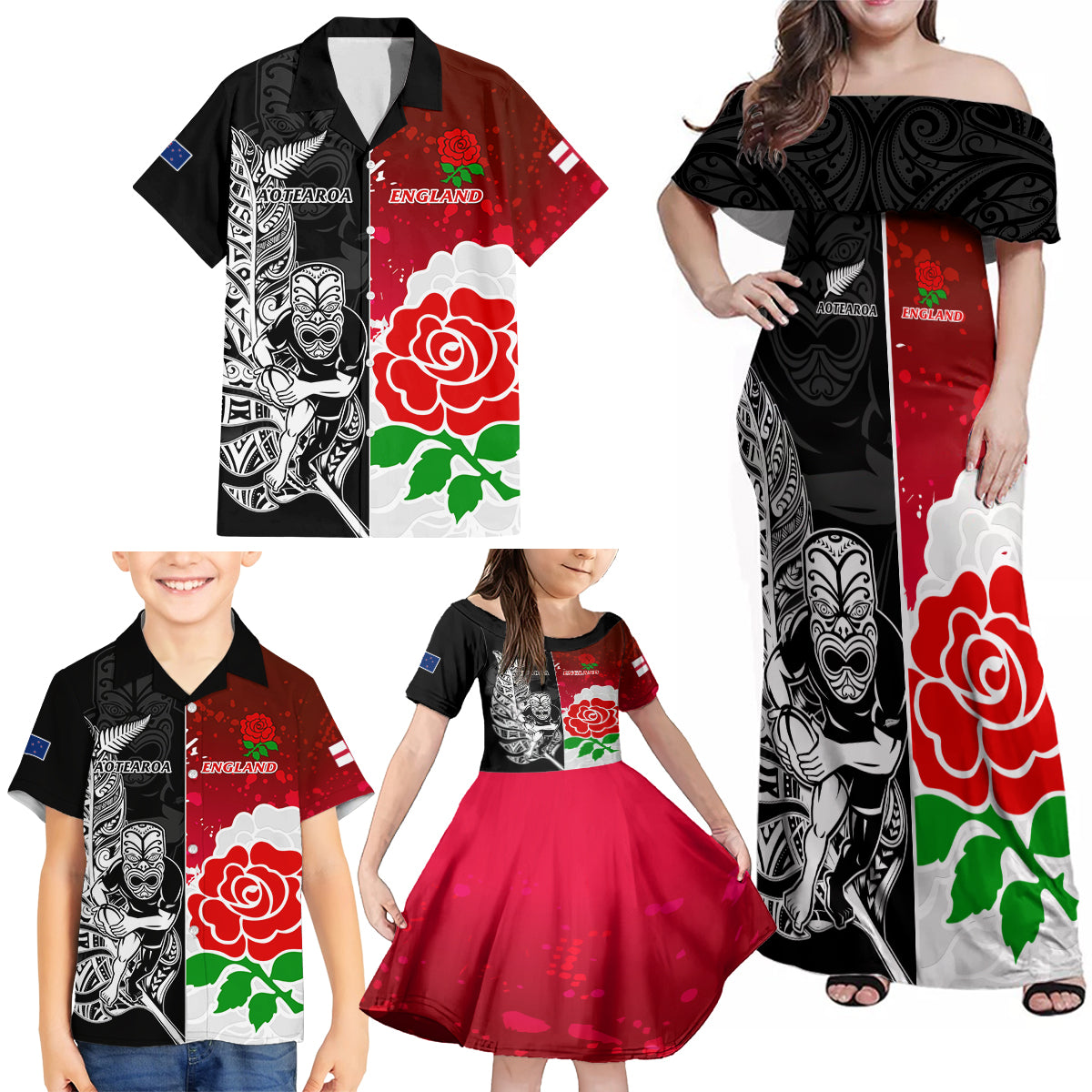 Custom New Zealand And England Rugby Family Matching Off Shoulder Maxi Dress and Hawaiian Shirt 2023 World Cup All Black Combine Red Roses LT14 - Polynesian Pride