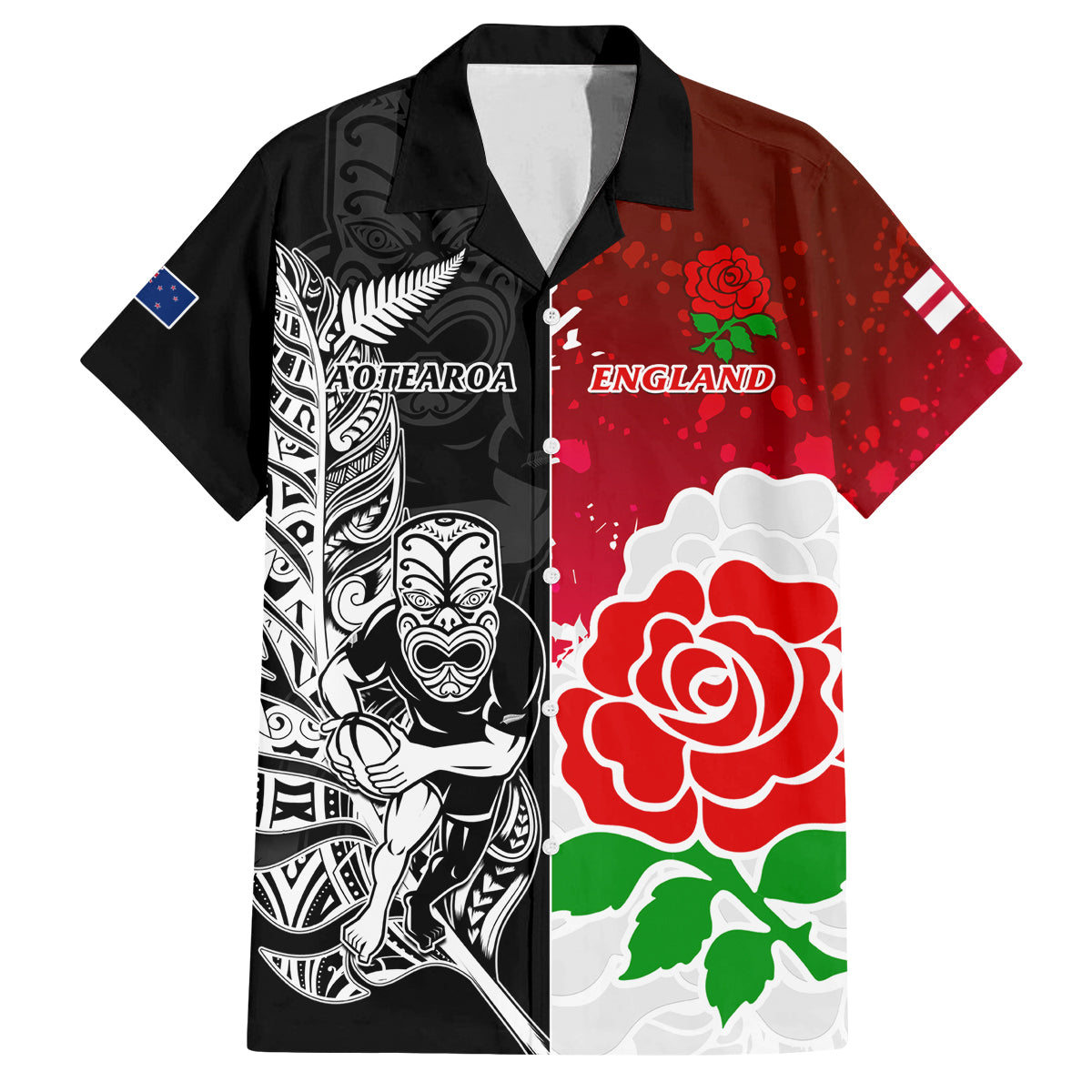 Custom New Zealand And England Rugby Family Matching Off Shoulder Maxi Dress and Hawaiian Shirt 2023 World Cup All Black Combine Red Roses LT14 Dad's Shirt - Short Sleeve Black - Polynesian Pride