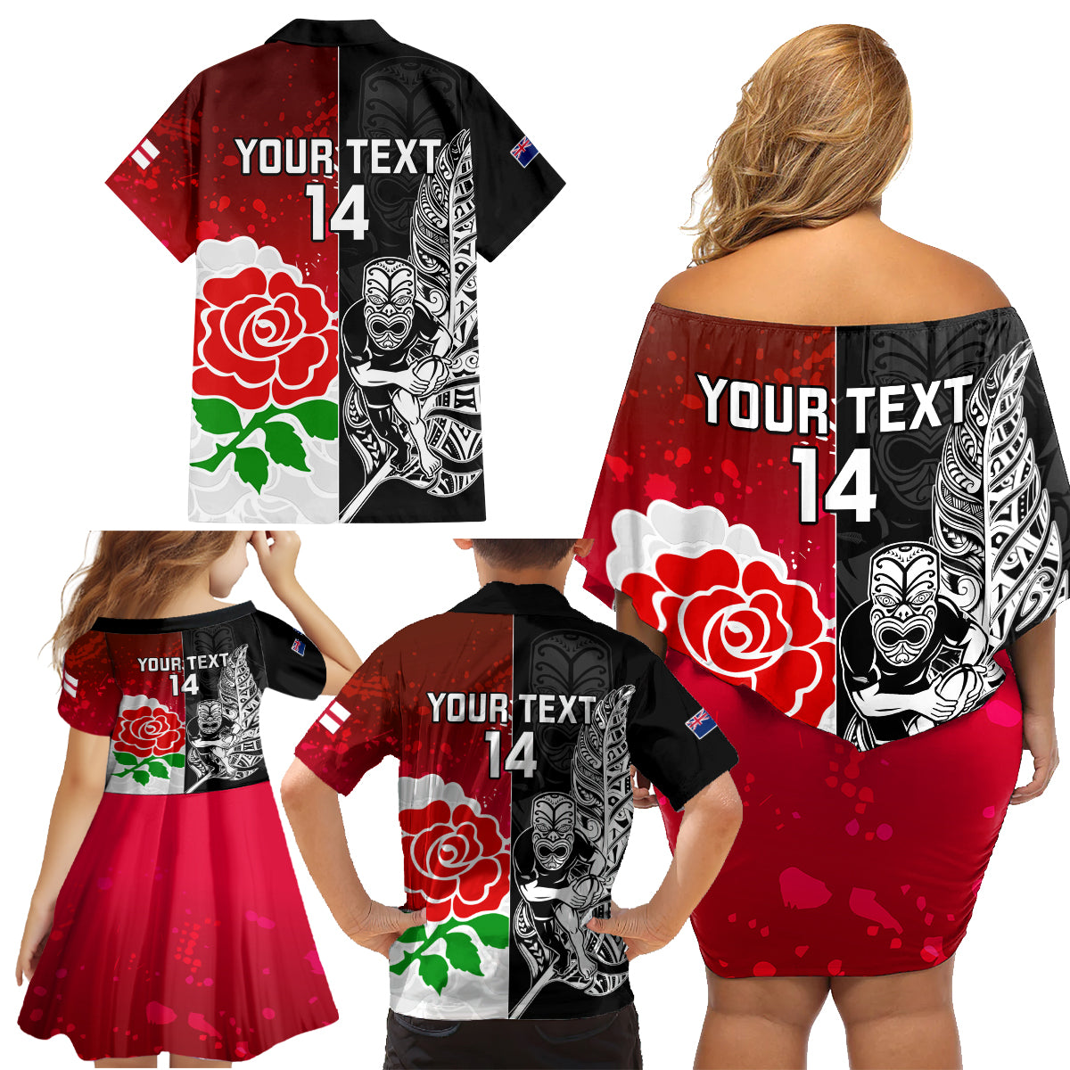 Custom New Zealand And England Rugby Family Matching Off Shoulder Short Dress and Hawaiian Shirt 2023 World Cup All Black Combine Red Roses LT14 - Polynesian Pride