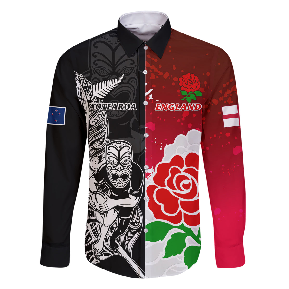 Custom New Zealand And England Rugby Family Matching Short Sleeve Bodycon Dress and Hawaiian Shirt 2023 World Cup All Black Combine Red Roses LT14 Dad's Shirt - Long Sleeve Black - Polynesian Pride