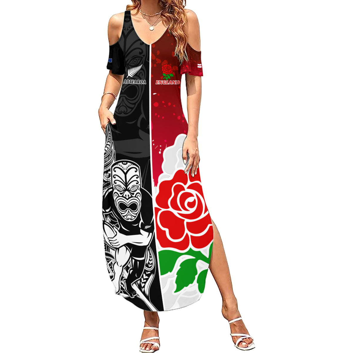 Custom New Zealand And England Rugby Family Matching Summer Maxi Dress and Hawaiian Shirt 2023 World Cup All Black Combine Red Roses LT14 Mom's Dress Black - Polynesian Pride