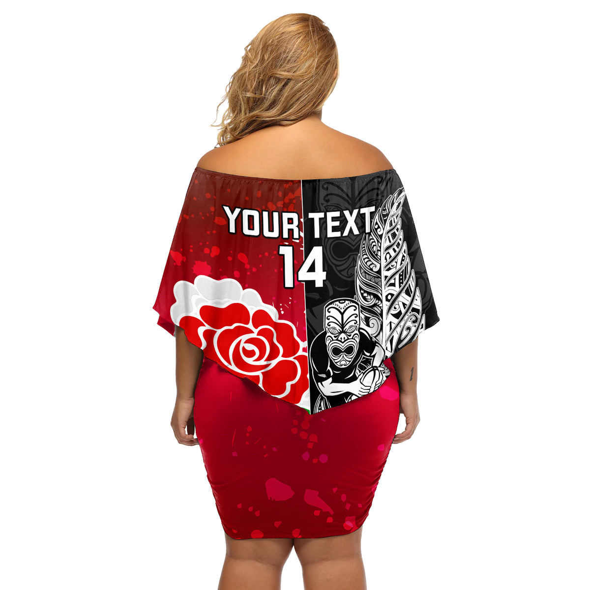 Custom New Zealand And England Rugby Off Shoulder Short Dress 2023 World Cup All Black Combine Red Roses LT14 - Polynesian Pride