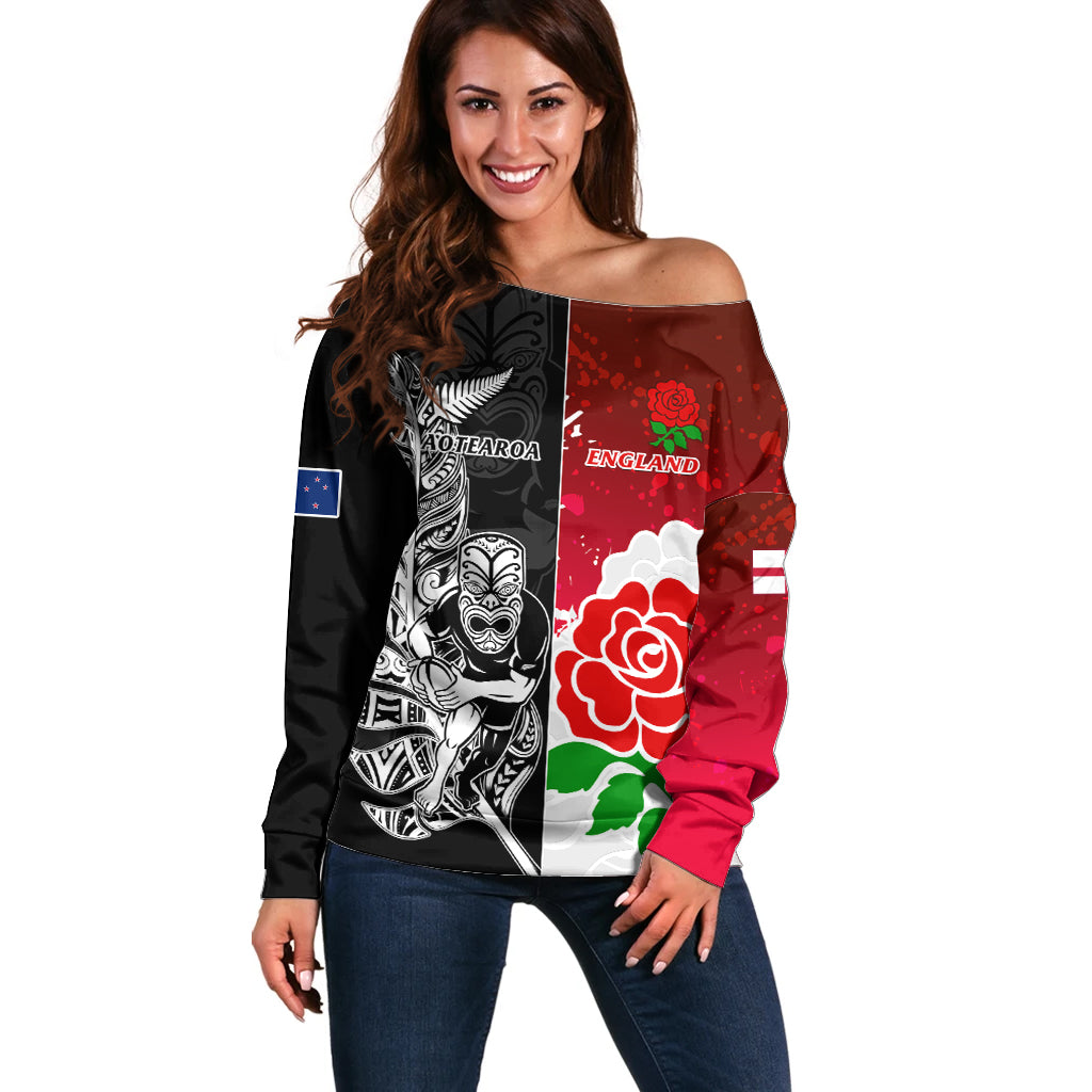 Custom New Zealand And England Rugby Off Shoulder Sweater 2023 World Cup All Black Combine Red Roses LT14 Women Black - Polynesian Pride