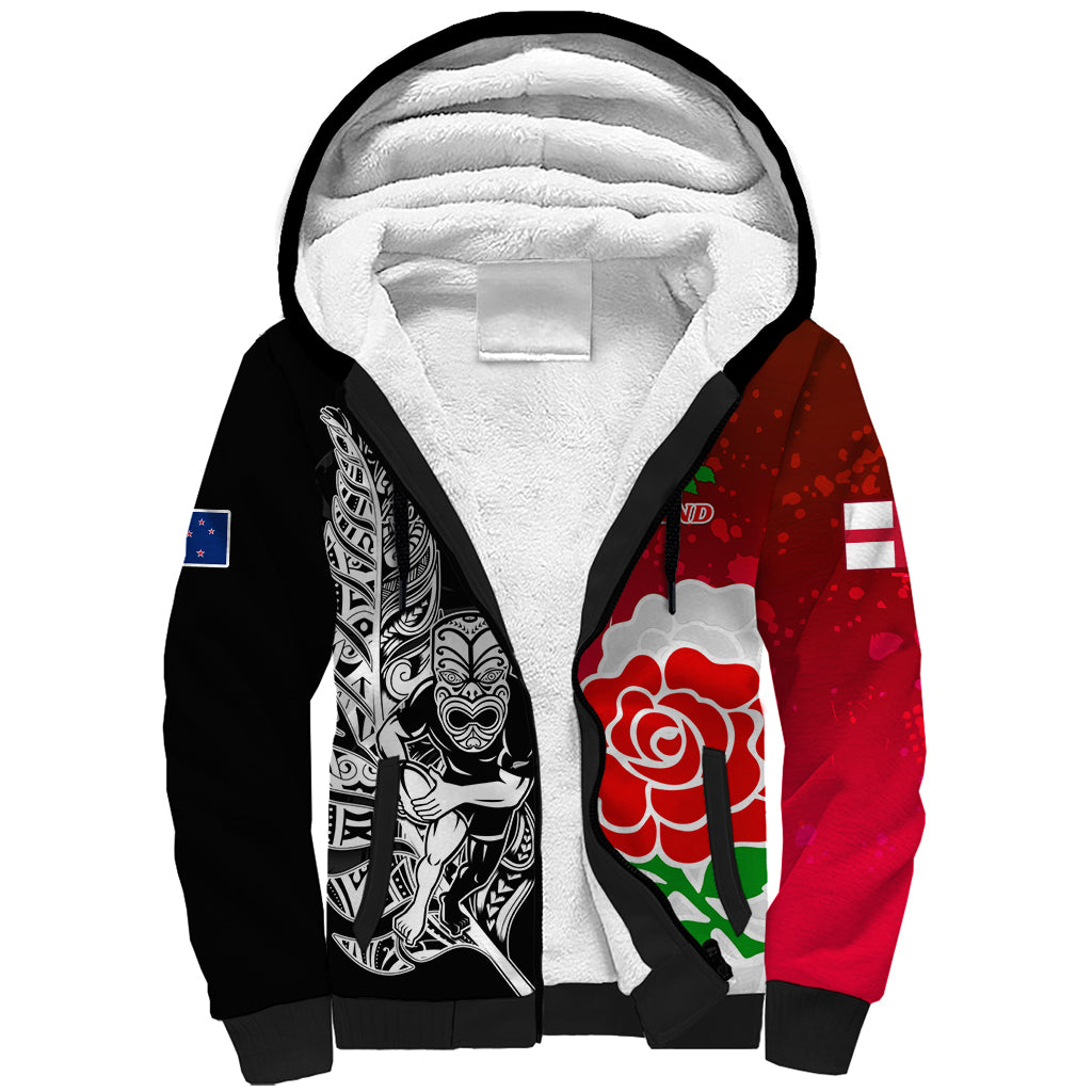 Custom New Zealand And England Rugby Sherpa Hoodie 2023 World Cup All Black Combine Red Roses LT14 Unisex Black - Polynesian Pride