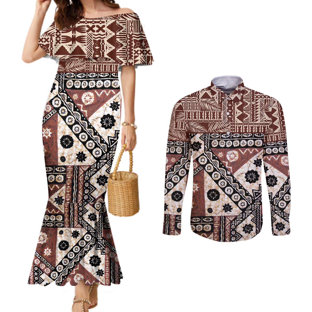 Bula Fiji Couples Matching Mermaid Dress and Long Sleeve Button Shirt Unique Masi Tapa Pattern LT14 Brown - Polynesian Pride