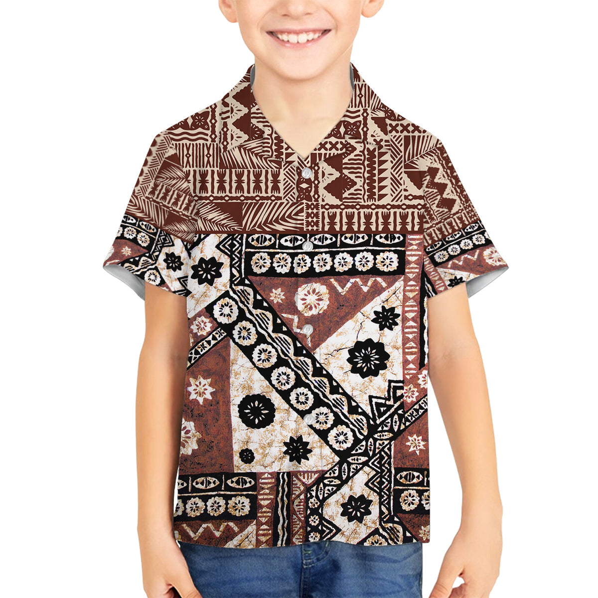 Bula Fiji Family Matching Off Shoulder Long Sleeve Dress and Hawaiian Shirt Unique Masi Tapa Pattern LT14 Son's Shirt Brown - Polynesian Pride