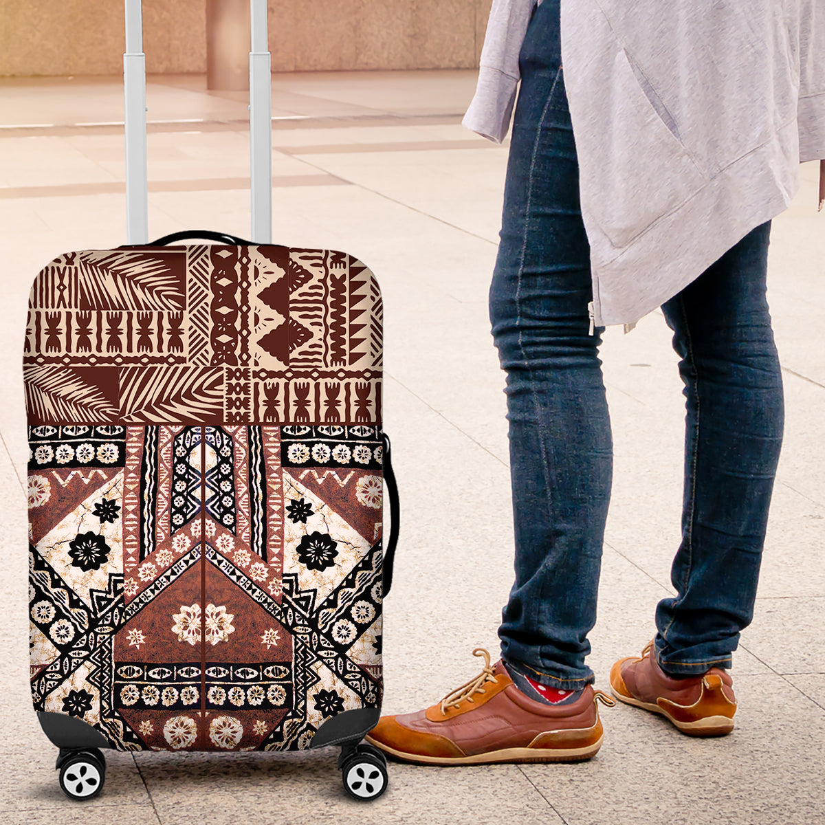 Bula Fiji Luggage Cover Unique Masi Tapa Pattern LT14 Brown - Polynesian Pride