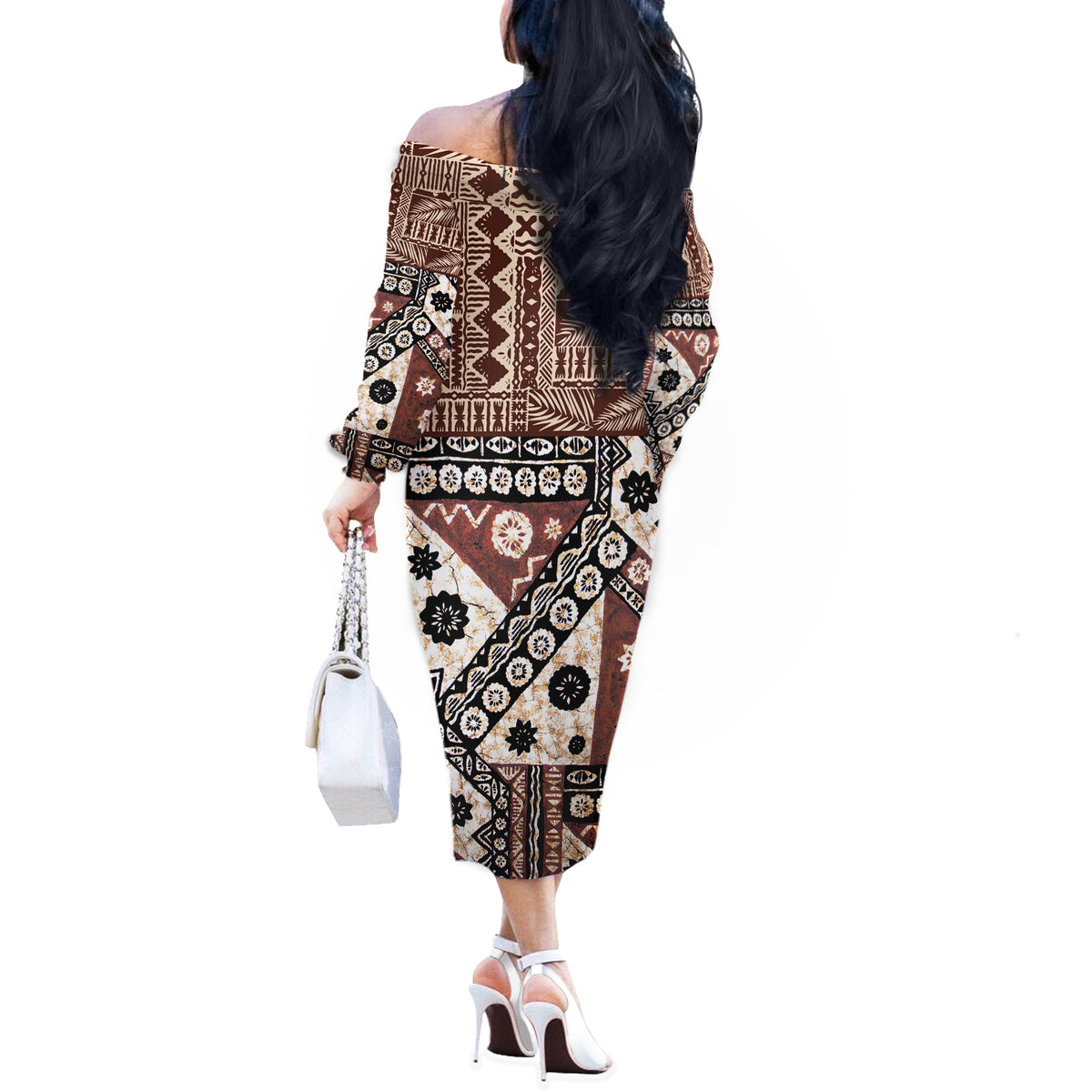 Bula Fiji Off The Shoulder Long Sleeve Dress Unique Masi Tapa Pattern LT14 - Polynesian Pride