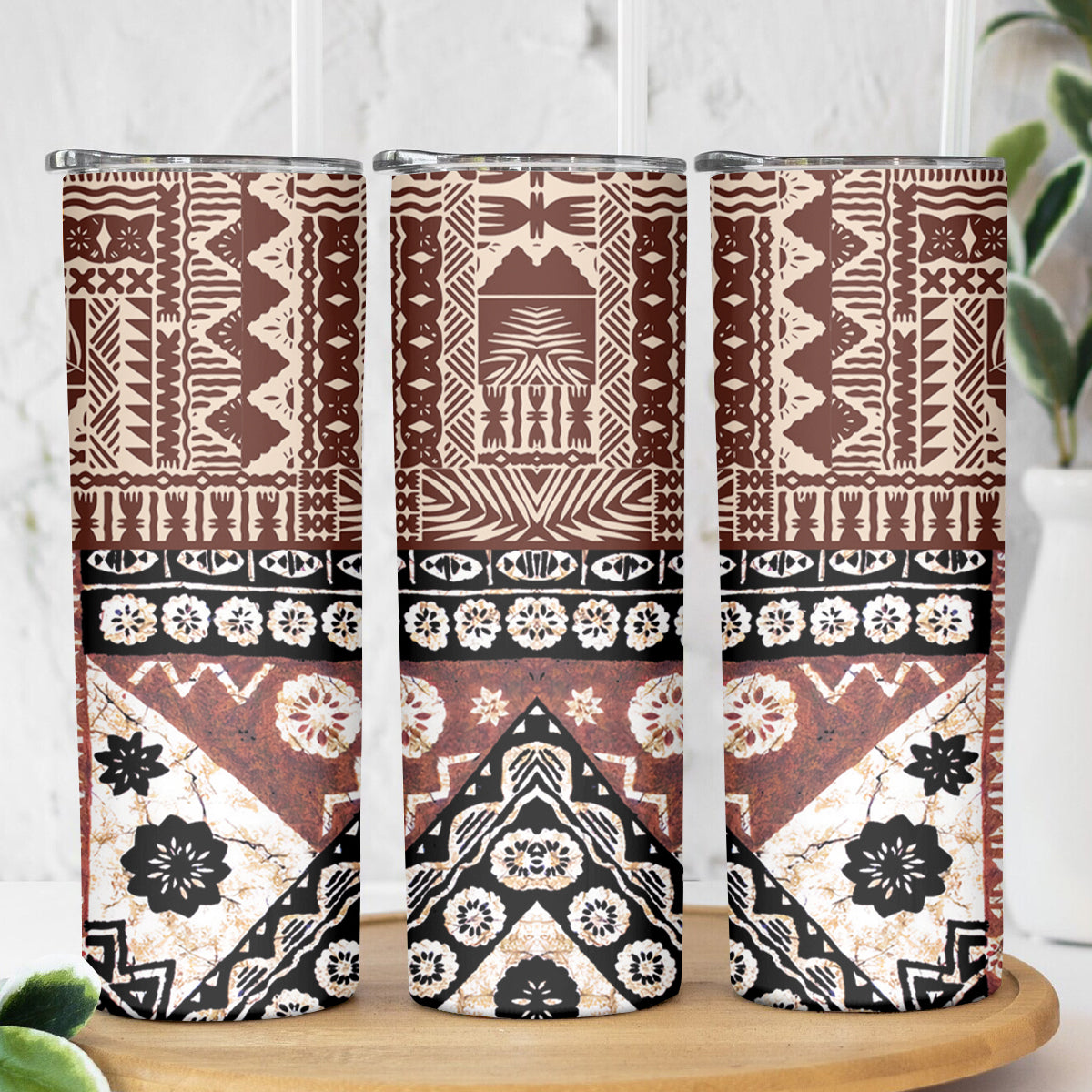 Bula Fiji Skinny Tumbler Unique Masi Tapa Pattern