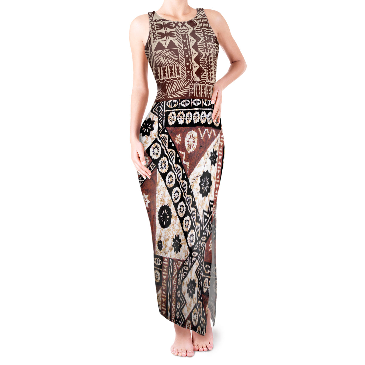 Bula Fiji Tank Maxi Dress Unique Masi Tapa Pattern LT14 Women Brown - Polynesian Pride