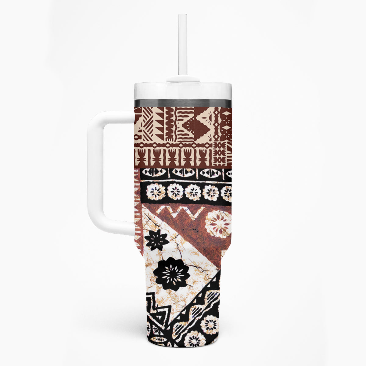 Bula Fiji Tumbler With Handle Unique Masi Tapa Pattern