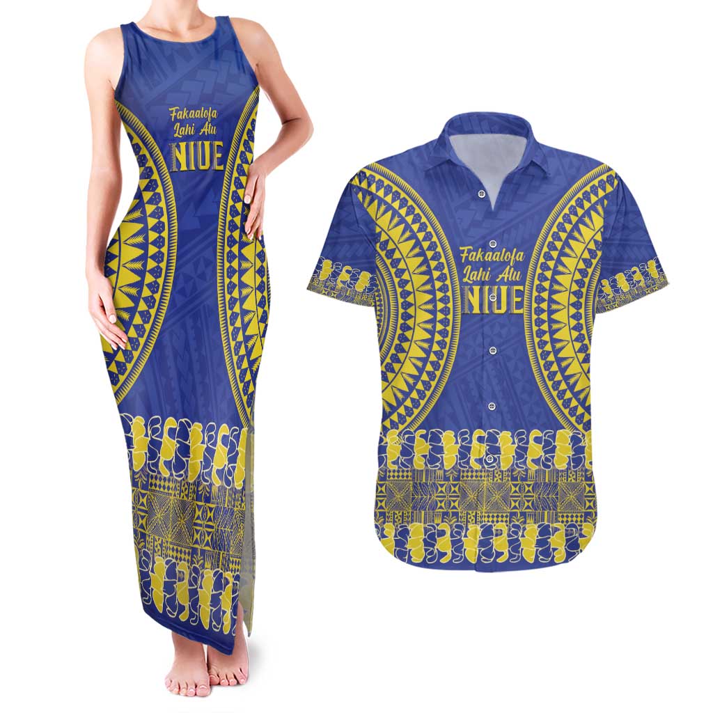 Fakaalofa Lahi Atu Niue Couples Matching Tank Maxi Dress and Hawaiian Shirt Siapo Pattern With Puakenikeni LT14 Blue - Polynesian Pride